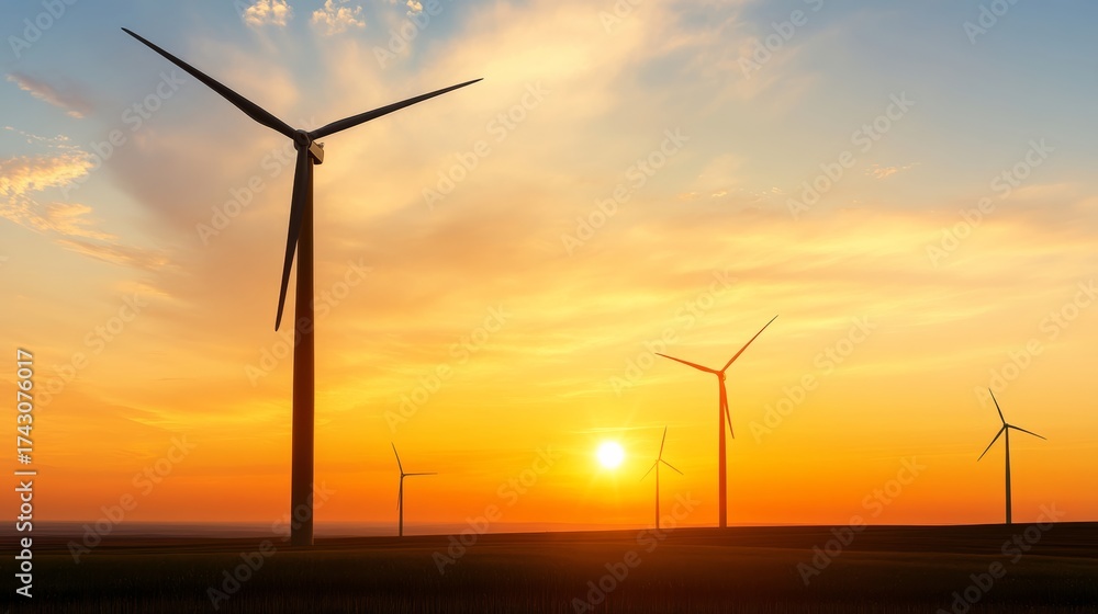 Fototapeta premium Dramatic sunset over wind turbines renewable energy farm landscape nature aerial view sustainable development