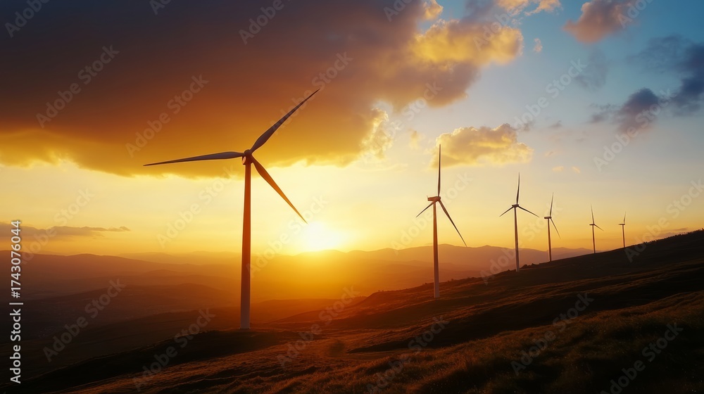 Fototapeta premium Wind turbines generating clean energy at sunset scenic landscape nature photography renewable energy aesthetic viewpoint sustainability concept