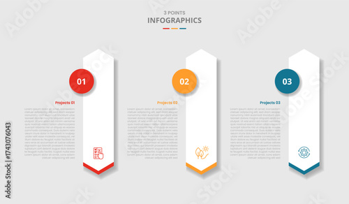 3 points template infographic with vertical long hexagon with circle badge on side with drop shadow style with three stage list information