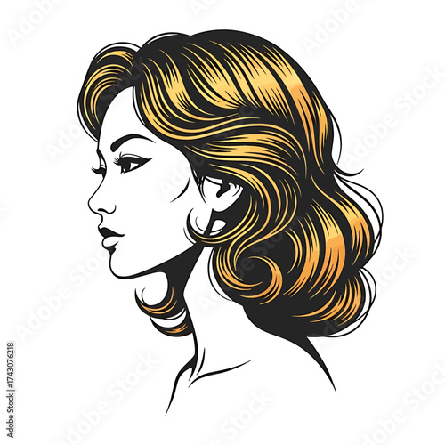 Stylish graphic design of a beautiful woman's head in profile with wavy blonde hair, an isolated vintage style vector illustration
