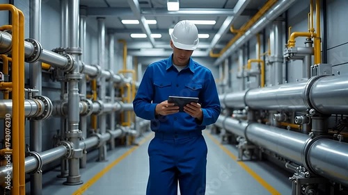 Engineer inspecting facility using tablet, ensuring peak performance in modern industrial setting, promoting safety and efficiency with technology