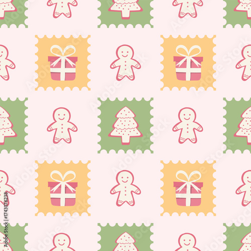Gift box, gingerbread, and a Christmas tree with decorative frames on background. Cute Christmas seamless pattern for clothing, fabric, wallpaper, backdrop, home decoration, cover book.