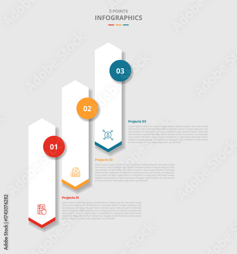 3 points template infographic with tall vertical arrow box standing with growth step with drop shadow style with three stage list information