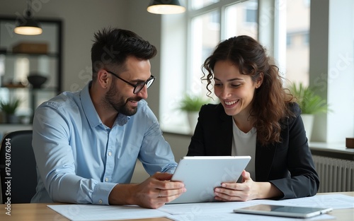 Team of diverse partners sitting at table mature Latin business man and European business woman discussing project on tablet in office. Two colleagues of professional business people working together.