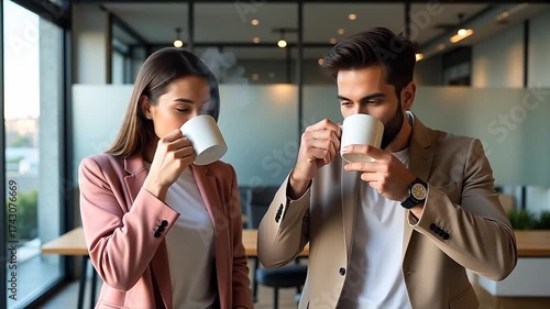 Business team enjoying coffee break and celebrating success in modern office overlooking city skyline, perfect for corporate branding and teamwork