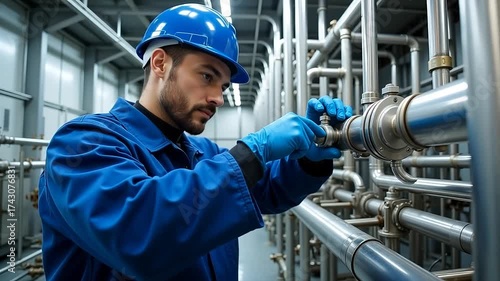 Expert technician diligently inspecting pipelines, ensuring optimal performance and safety standards, ready for industrial projects in modern facility