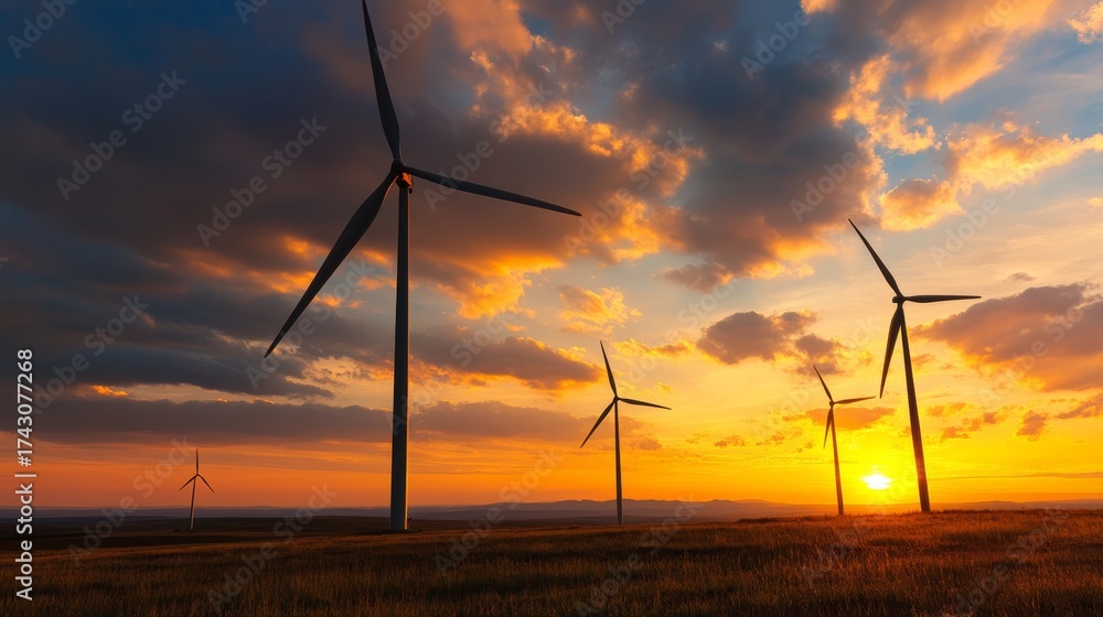 Fototapeta premium Wind turbines turning in golden sunset scenic landscape nature photography serene environment wide angle view renewable energy concept