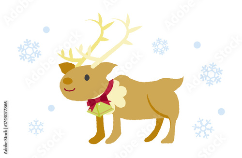 雪の結晶とにっこり笑うクリスマスのベルの首輪をつけたトナカイ