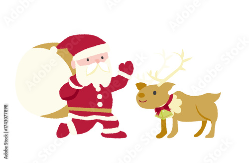 かわいいサンタクロースとにっこり笑うクリスマスのベルを着けたトナカイ