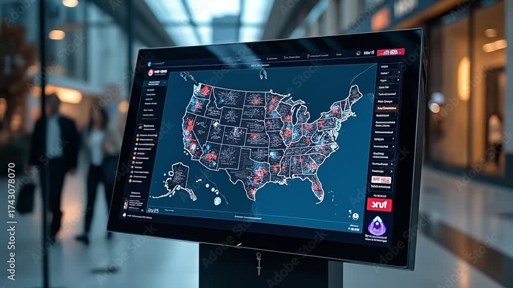 Talking Map Interactive display showing a map of the United States with highlighted ...