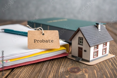 Paper tag labeled 'PROBATE' resting on legal documents atop wooden table, symbolizing inheritance, estate, and property law