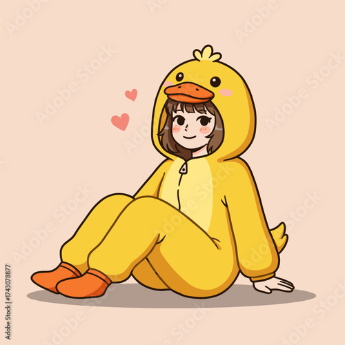 Smiling person in yellow duck costume sitting with orange feet and pink hearts, on peach background.