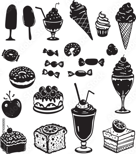 A collection of various sweets and desserts in black and white illustration style on white background