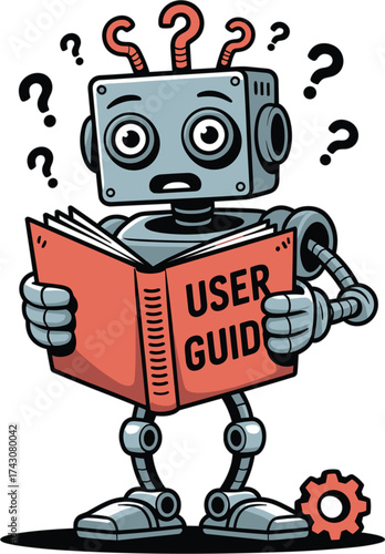 Confused Retro Robot Mascot Reading a User Guide Manual  Technical Support Question Mark Vector