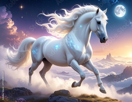 white horse on the background of the sky, A surreal digital illustration of a majestic white horse emerging from glowing mist