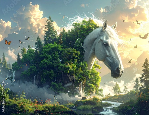 A surreal illustration of a white horse whose body transforms into a lush forest landscape with rivers and trees growing from its mane