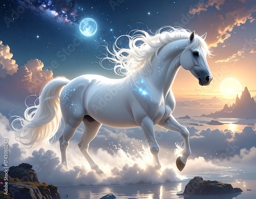 horse in the mountains, A surreal digital illustration of a majestic white horse emerging from glowing mist