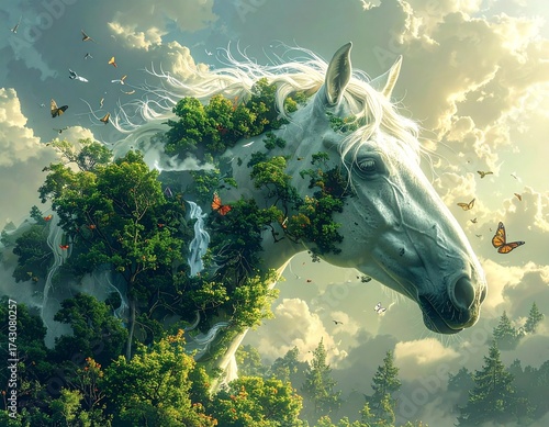 A surreal illustration of a white horse whose body transforms into a lush forest landscape with rivers and trees growing from its mane