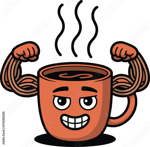 Grinning Strong Coffee Cup Mascot with Noodle Muscles - Hot Morning Energy Drink Vector Illustration