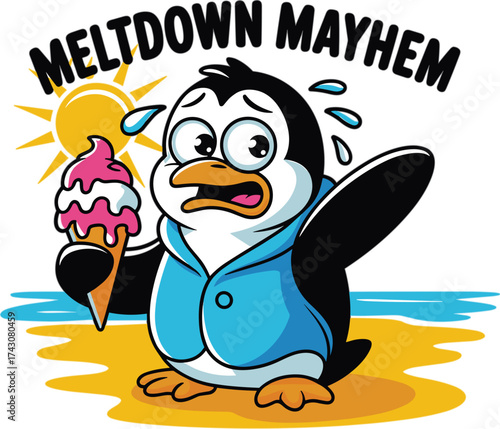 Meltdown Mayhem Cartoon Penguin Heat Wave Vector