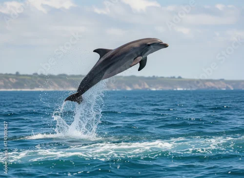 Fototapeta A playful dolphin leaps gracefully out of the sparkling blue ocean, creating a dynamic and joyful scene of marine life.