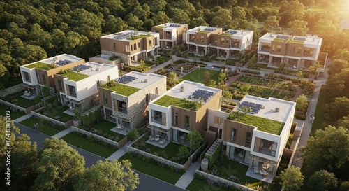 Aerial view of modern houses with green roofs and gardens in a residential area, showcasing sustainable architecture and ecofriendly living in harmony with nature
