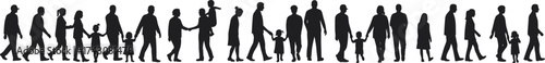 Flat vector silhouette of diverse people walking, standing, interacting, family and children, human movement, social connection, black illustration