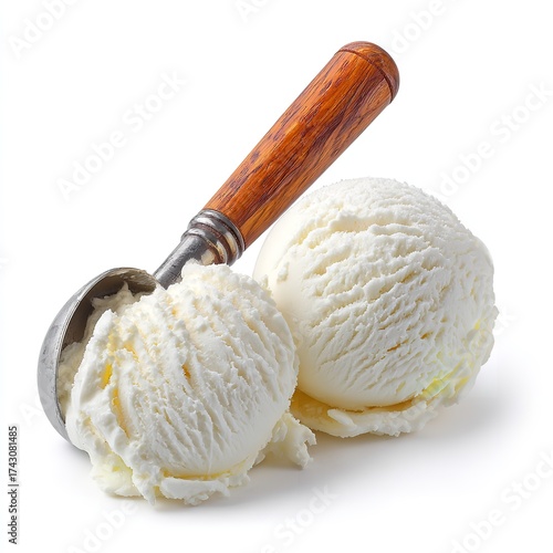 Two scoops of vanilla ice cream with a wooden handled scoop on a white isolated background close up