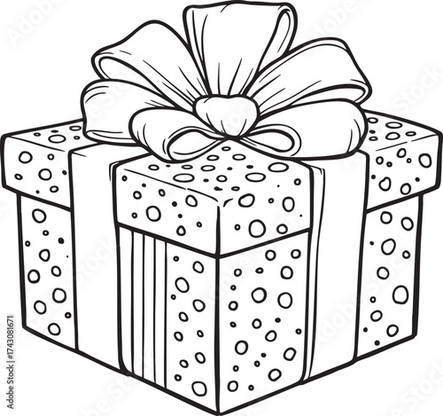 A black and white drawing of a square gift with a bow and circles all over the wrapping paper