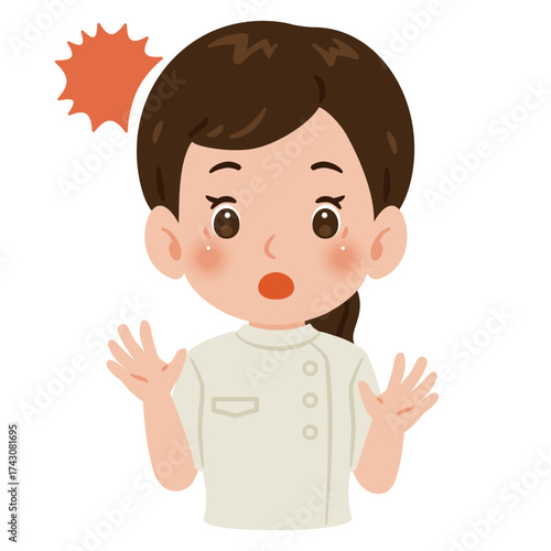 白色のケーシーを着た驚く女性　上半身イラスト／urprised woman wearing a white medical tunic　upper body illustration
