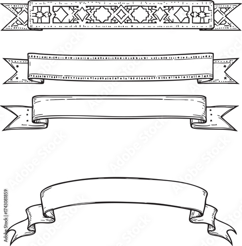 Four hand drawn black and white banners with varying designs and styles in a vertical arrangement