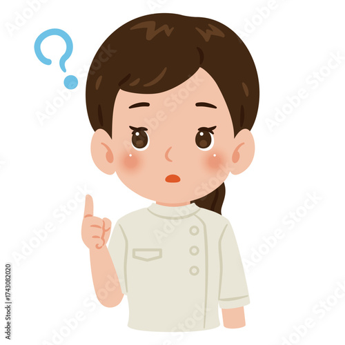白色のケーシーを着た疑問を持つ女性　上半身イラスト／Confused woman wearing a white medical tunic　upper body illustration
