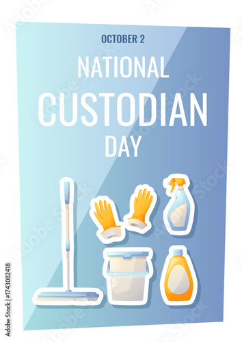 Poster for National Custodian Day, October 2. House cleaning accessories set, mop, bucket, cleaning agent, spray, gloves. Design of square postcard, horizontal banner and leaflet.