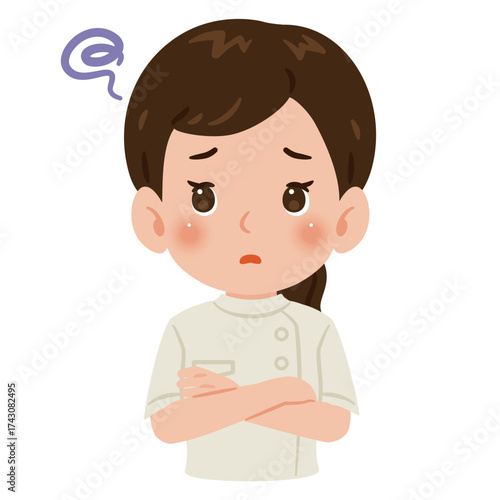白色のケーシーを着た困る女性　上半身イラスト／Troubled woman wearing a white medical tunic　upper body illustration