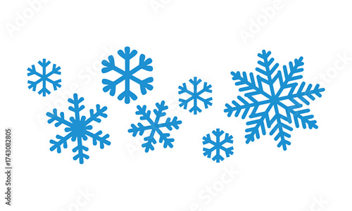 A collection of stylized blue snowflakes of varying sizes scattered across a white background.