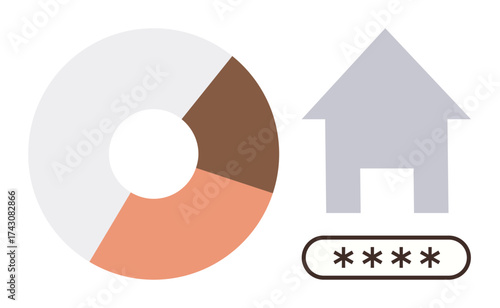Donut chart with segmented data, house icon, and password input field. Ideal for analytics, security, data protection, real estate, digital access, technology simple flat metaphor