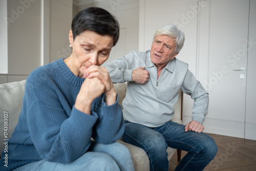 Photos Furious senior man show verbal abuse toward wife in quiet and emotionally withdrawn at home