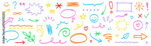Marker drawn arrow, cloud, star vector element set. Hand drawn marker pen line stroke star, heart, underline elements. Sketch style colorful kid brush arrow, check symbols. Vector illustration