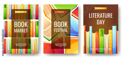 Poster with colorful books in different positions, on a dark background with text. A poster template for a book market. Book lover, bookstore, library, reading concept, book festival. World Book Day