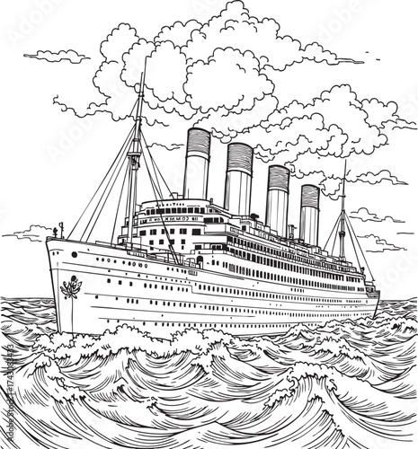 A detailed line drawing of a large ship sailing on a wavy ocean under a cloudy sky illustration
