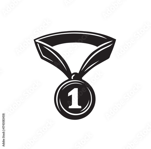 Black and white graphic illustration of a first place medal with a ribbon number one award