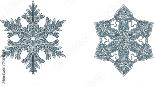 Intricate decorative snowflakes with ornate winter patterns, symmetrical icy crystals for seasonal design and holiday decoration, elegant style, flat vector