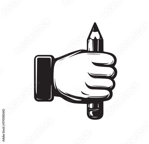Black and white graphic illustration of a hand holding a pencil vertically writing drawing