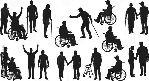 Inclusive community silhouettes showing people with disabilities, mobility aids, support interaction, elderly care, teamwork, accessibility concept, flat vector