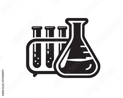 Black and white icon of laboratory beakers and test tubes in a rack science research