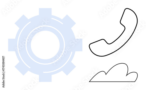 Gear signifies operations, phone handset for communication, and cloud for digital storage and connectivity. Ideal for technology, communication, cloud services, automation, teamwork, operations