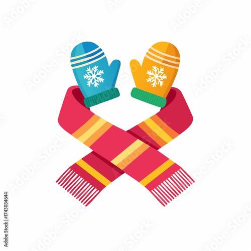 Winter accessories: scarf and mittens with snowflake design.