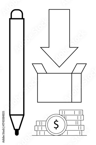 Pen, downward arrow, open box, and coins symbolize innovation, finance, packaging, savings, logistics productivity startup goals. Ideal for planning process or collecting ideas in a simple flat