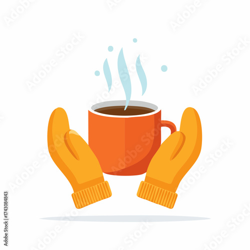 Cozy illustration of hands in mittens holding a steaming mug of hot drink.