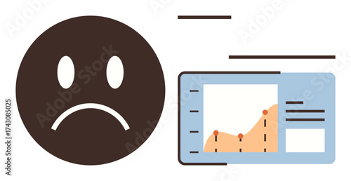 Brown sad face beside a statistical graph with downward trends. Ideal for failure, economic loss, low performance, recession, disappointment, market analysis, simple flat metaphor